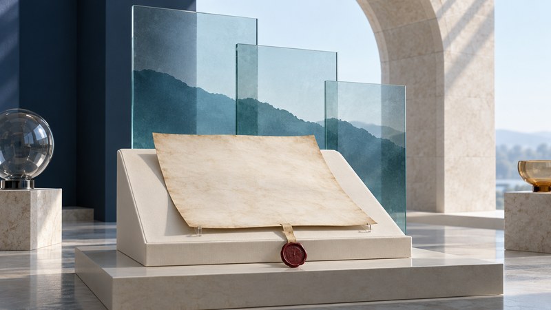 A parchment sheet with a red seal rests on an ivory cradle beside glass panels and a stylized stone arch.