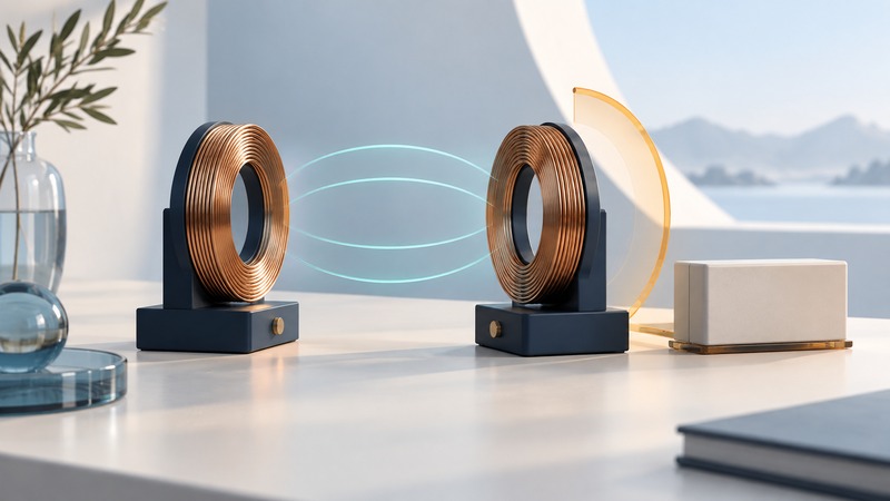 Two facing coils on navy stands are joined by conceptual teal field lines and an amber orientation arc.