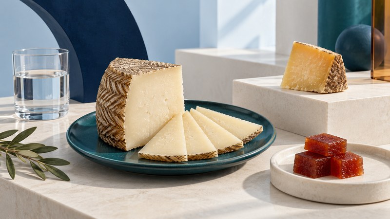 An ivory cheese wedge with basket-pattern rind, thin slices and a separate dish of quince paste.