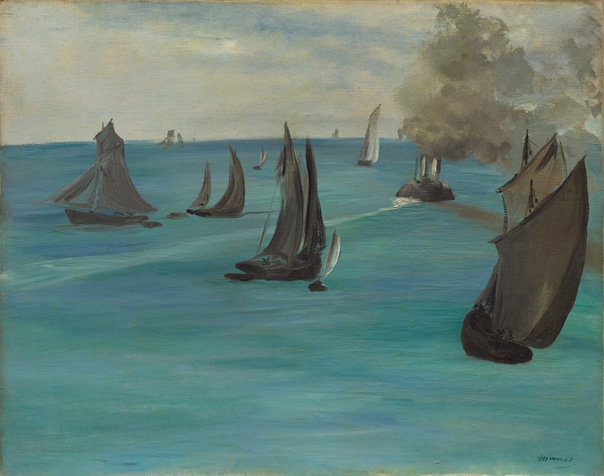 Manet seascape with small sailing vessels and a dark steamer on broad pale water beneath a blue-gray sky.