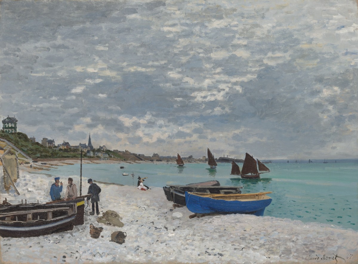 Monet beach scene with rowboats on a shingle shore, people beside the water and sailboats under an overcast sky.