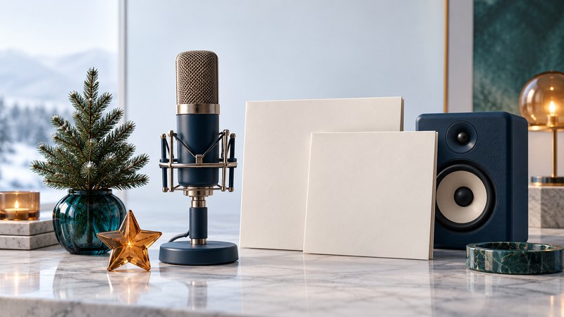 Studio microphone, blank album sleeves and navy speaker beside an evergreen and amber star.