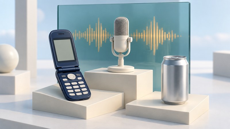An open navy flip phone, studio microphone and silver can stand beside a glass panel with an abstract sound wave.