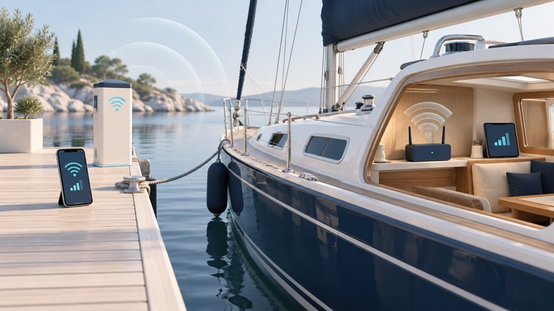 A dockside phone and access point face a sailboat cabin containing a router and tablet beneath conceptual wireless arcs.