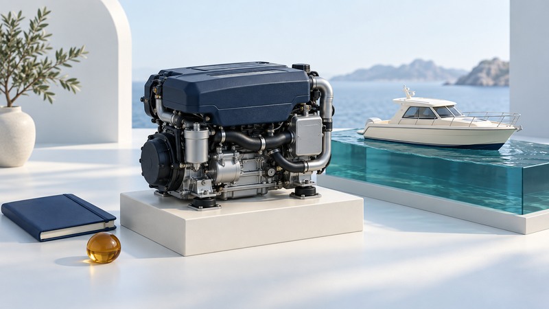 A compact navy marine engine on an ivory display stand sits near a small cabin boat in teal water and a service notebook.