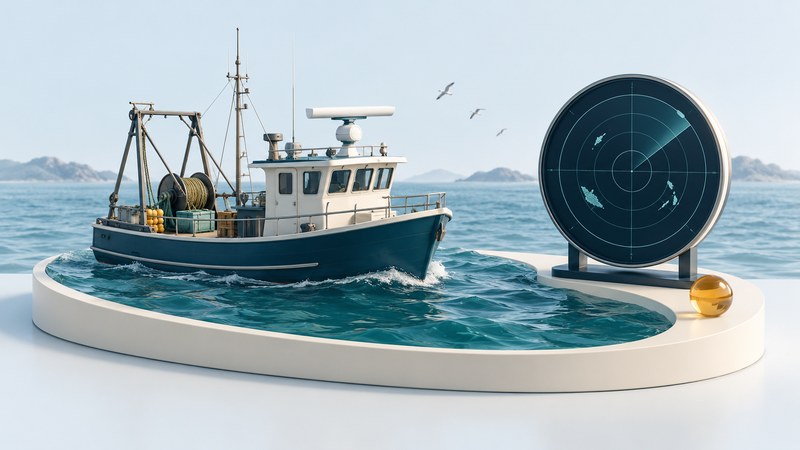 A miniature fishing vessel on teal water stands beside a conceptual radar display and distant seabirds.