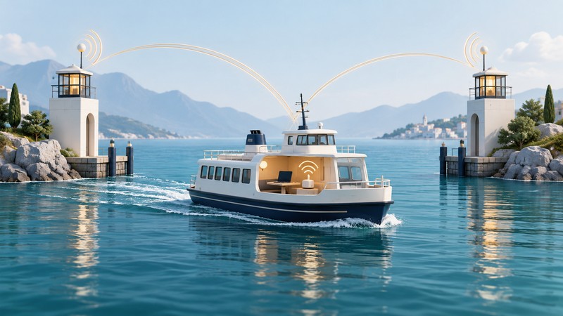 A conceptual ferry cutaway shows an onboard laptop beneath wireless paths toward two shore towers.