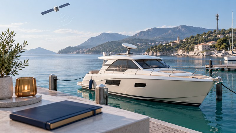 A motor yacht with a roof terminal sits in a marina beneath a conceptual satellite and distant coastal tower.