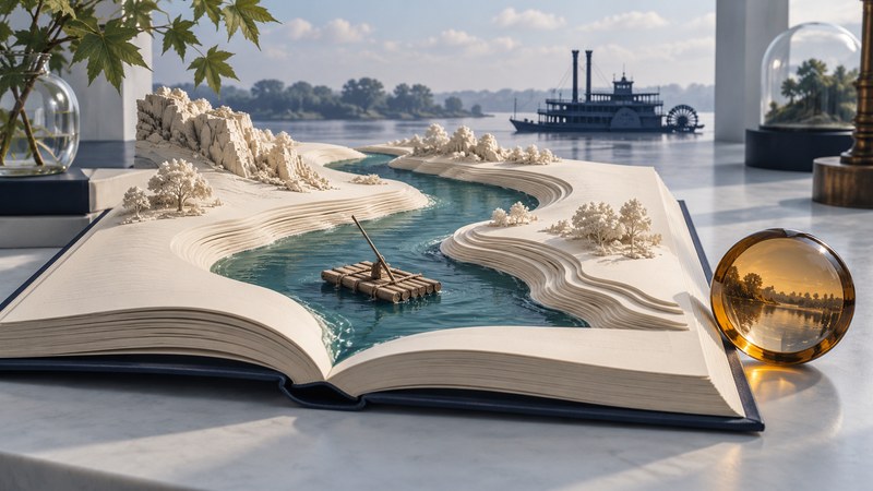An ivory book becomes a winding teal river with a small raft and a distant riverboat.