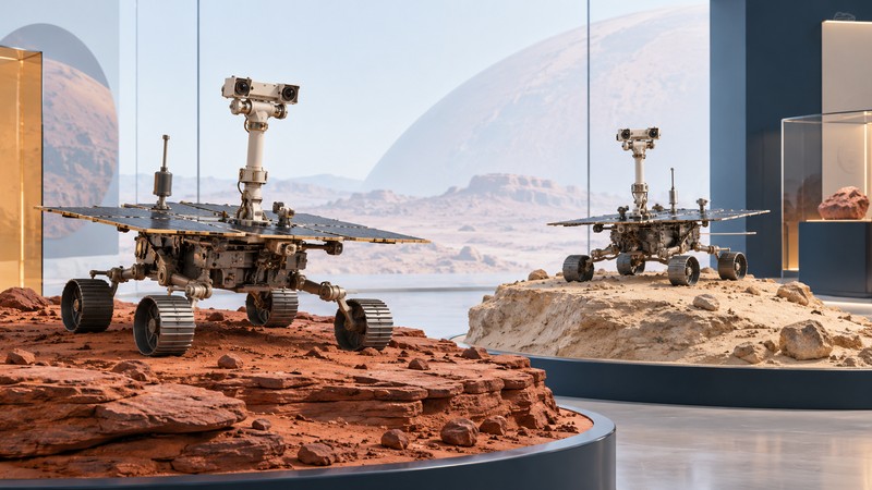 Two solar-powered rover models displayed on contrasting geological terrain.