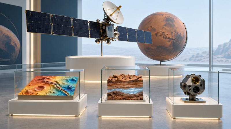 Orbiter and Mars globe above separate thermal-terrain, buried-ice and detector exhibits.