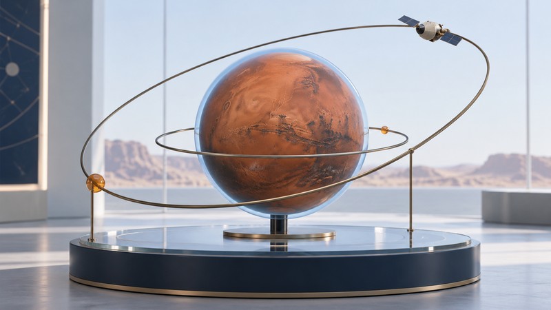 Sculptural Mars globe surrounded by elongated and compact orbital tracks.