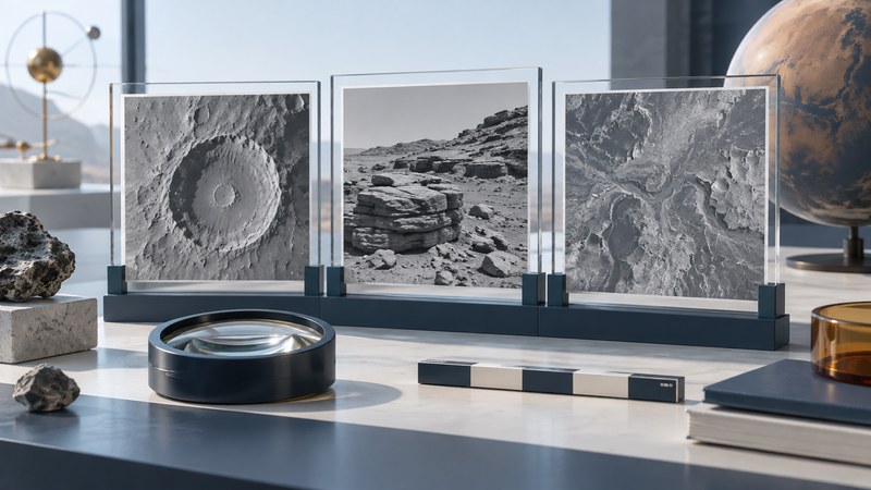 Illustrated planetary image panels beside a lens and a scale-bar model.