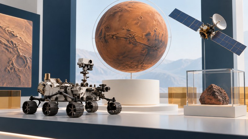 Mars globe, robotic rover and orbital spacecraft displayed as complementary scientific tools.