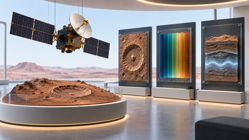 Orbiter model beside separate crater, spectral and subsurface exhibits.