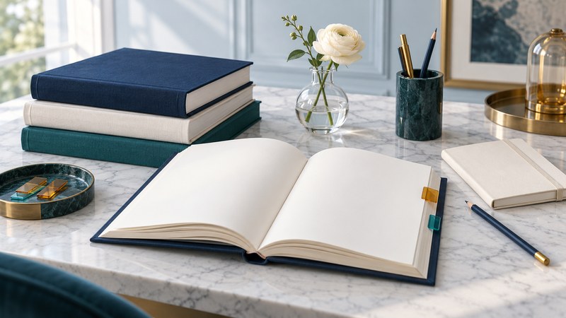 Blank navy, ivory and teal books, an open book, page tabs, notebook and pencil beside a flower.