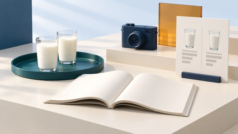 Two glasses of milk sit near an open blank magazine, a navy camera and a comparison card.