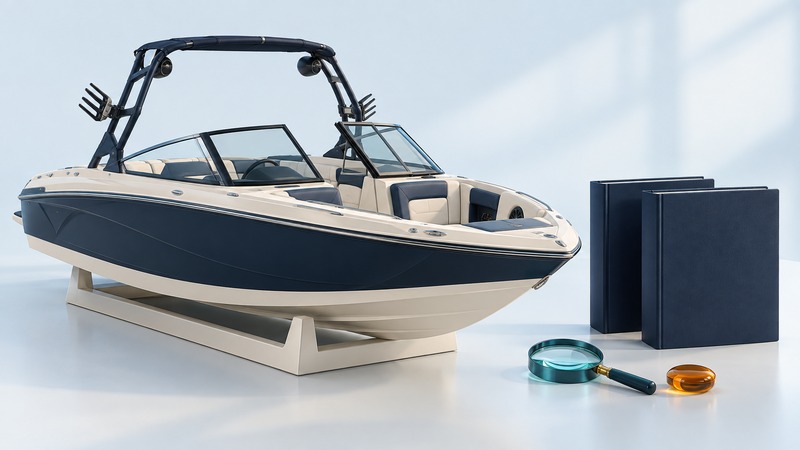 An unbranded open-bow watersports boat model with a tower sits beside blank navy manuals and a magnifying glass.