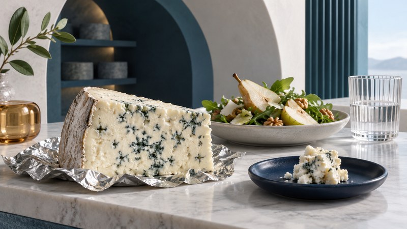 An ivory blue-veined wedge on plain silver foil with a tasting plate and pear salad in an abstract cellar setting.