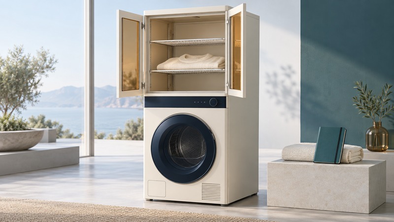 A conceptual ivory appliance has an upper shelving cabinet above a lower round dryer door, with a notebook beside it.