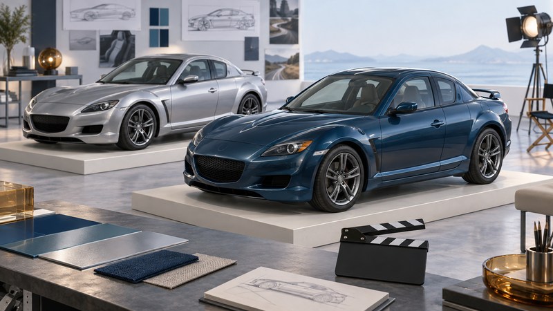 Conceptual blue and silver sports-coupe models on studio plinths beside a blank film clapperboard and material swatches.