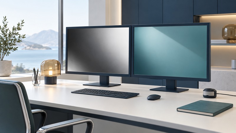Two blank grayscale and teal monitors beside a separate calibration sensor and a quality notebook.
