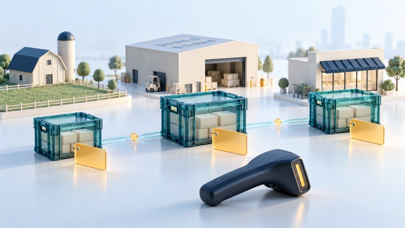Tagged shipping crates and a scanner connect miniature farm, warehouse and store models.