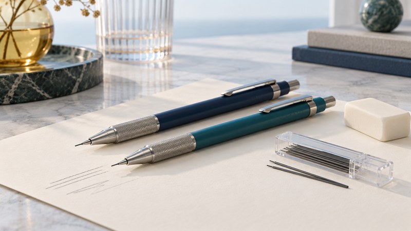 Navy and teal mechanical pencils lie on ivory paper beside graphite refills and a white eraser.