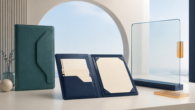 Blank patient-summary cards in a navy folio beside a teal travel folder and a glass digital panel.