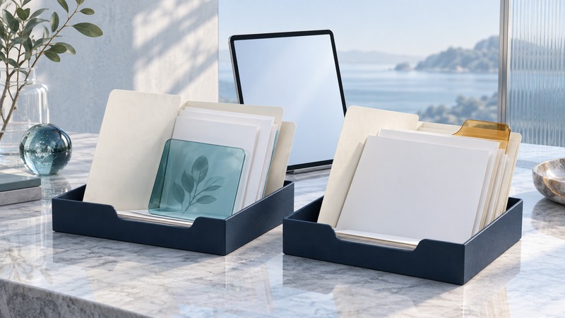 Two document folders on navy trays with blank pages, a glass image tile and a digital tablet.