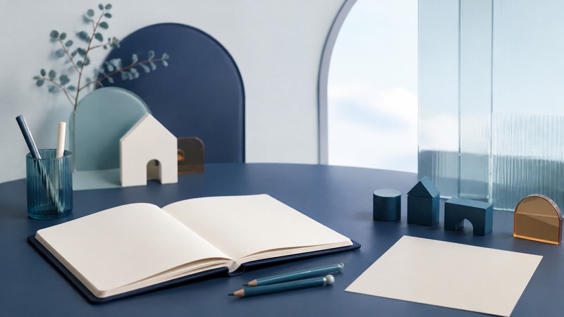 Open blank notebook and drawing paper with teal pencils and simple ivory blocks on a calm desk.