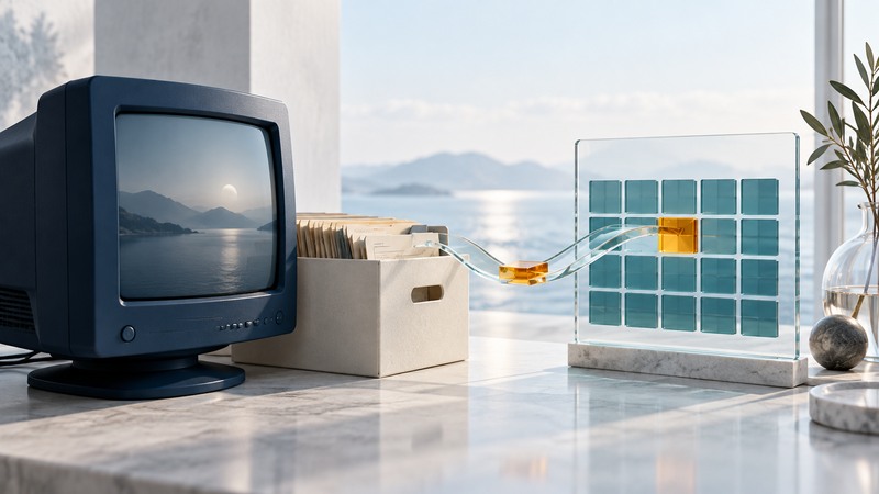 An old computer and archive files connect through a glass bridge to a conceptual calendar grid.