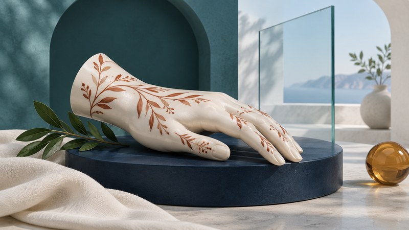An ivory ceramic hand with an invented terracotta botanical pattern rests on a navy plinth beside leaves and glass.