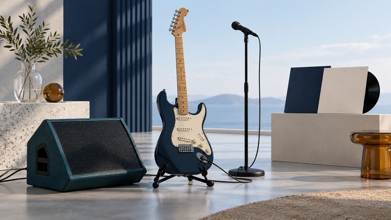 Navy electric guitar and stage microphone beside a teal monitor and two unmarked record sleeves.
