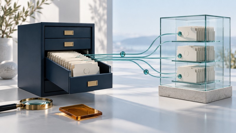 Archive cabinet with revision folders connected by branching paths to a glass repository.