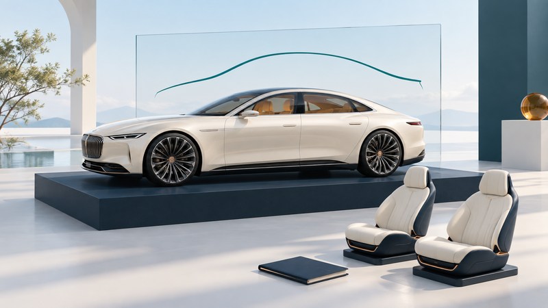 An ivory four-door coupe model sits beside two seat exhibits and a curved roof-profile drawing.