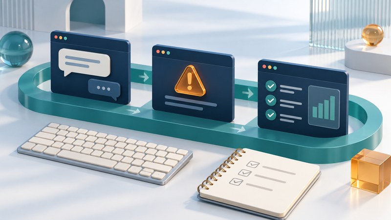 Three interface panels connected in a teal loop beside a keyboard and checklist.