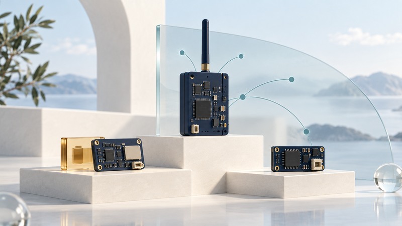 Three radio modules stand on ivory plinths beside a glass branching path and amber battery symbol.