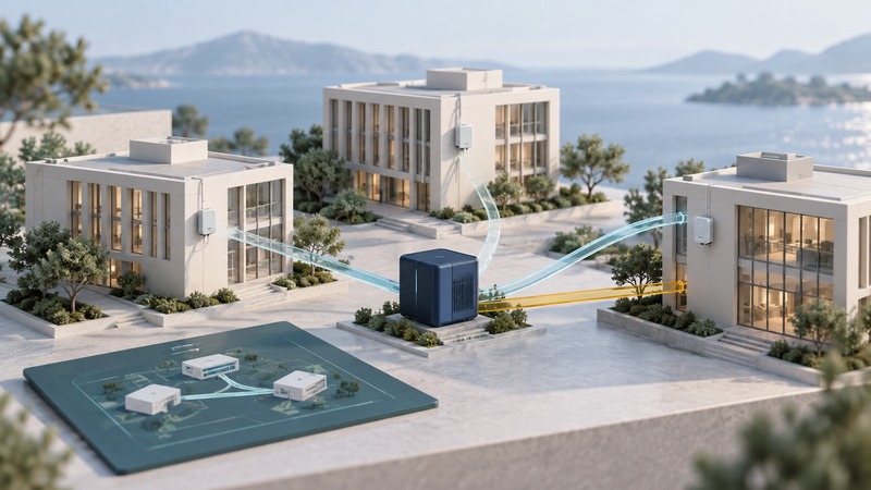 Three miniature ivory buildings with outdoor access points surround a gateway, glass connection paths and a site-plan tile.