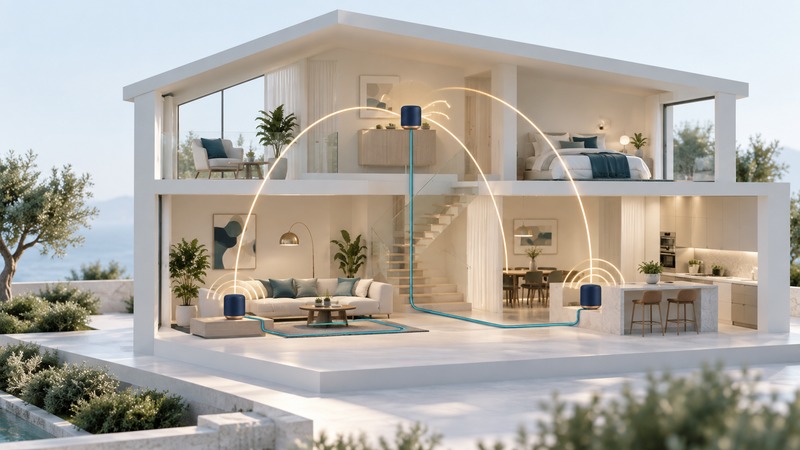 Three navy mesh nodes occupy two floors of an ivory house with conceptual cable paths and wireless arcs.