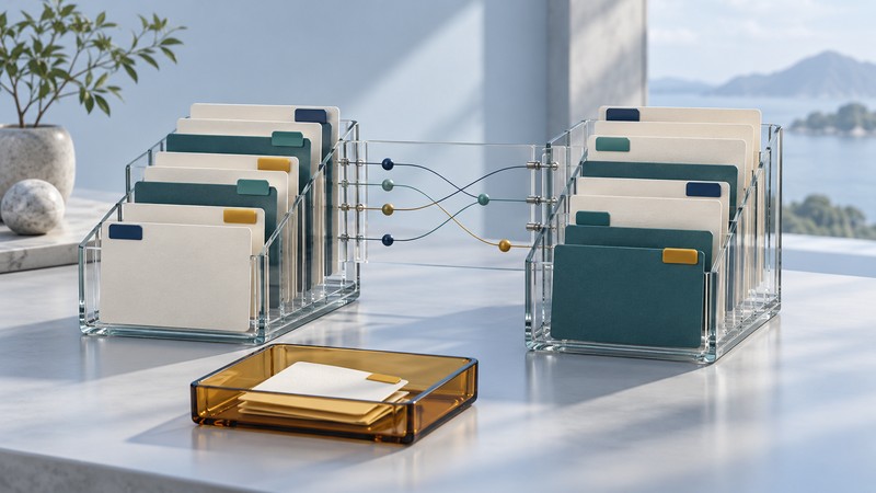 Two differently arranged glass catalogs connect through a mapping bridge, with an amber tray for exceptions.