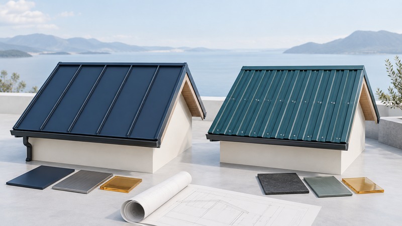 Navy standing-seam and teal exposed-fastener roof models sit beside material samples and an unlabelled plan.