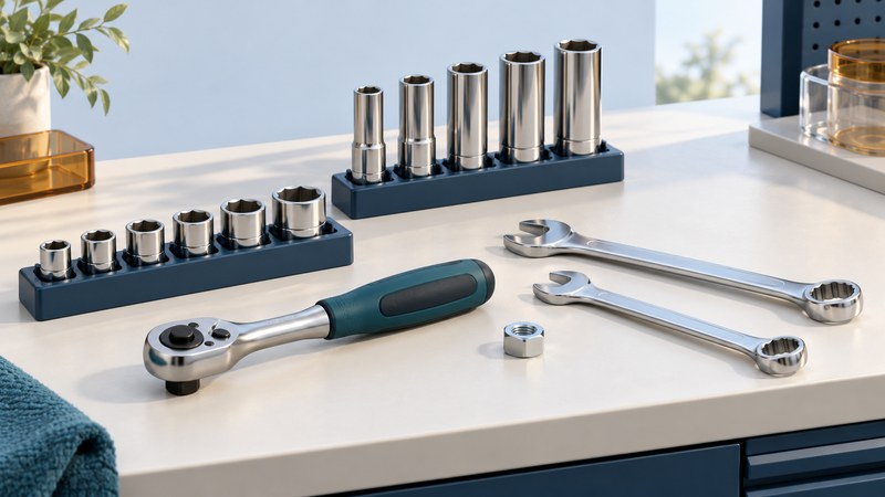 Shallow and deep sockets arranged on navy rails beside a teal-handled ratchet, two combination wrenches and a hex nut.