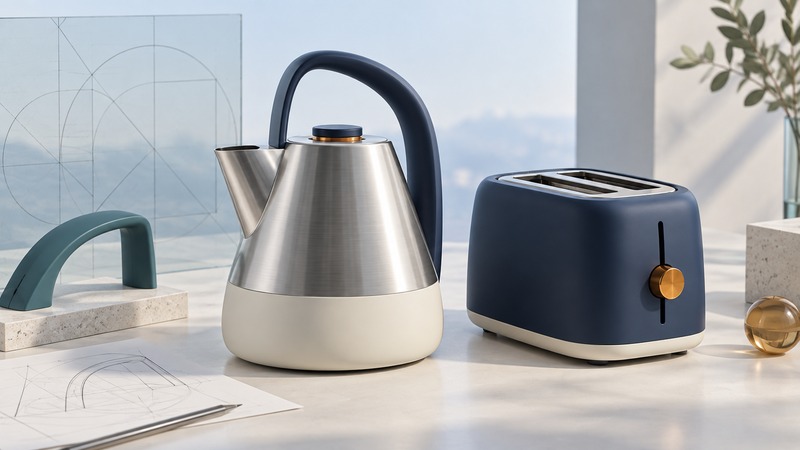 Conceptual kettle and toaster studies in ivory, steel, and navy stand beside a teal handle prototype and geometric sketches.