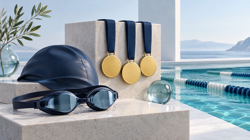 A swim cap and goggles beside three symbolic blank gold medal discs and a swimming pool.