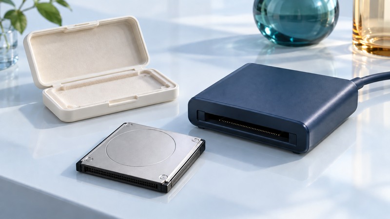 Closed miniature metal hard-drive card beside a card reader and protective case