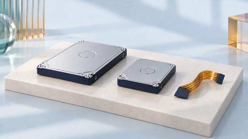 Two closed miniature disk drives beside a disconnected ribbon cable.