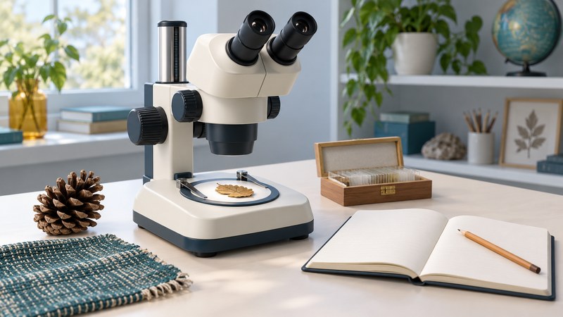 A stereo microscope with a dry leaf on its stage stands beside a pine cone, fabric, prepared slides and an observation notebook.