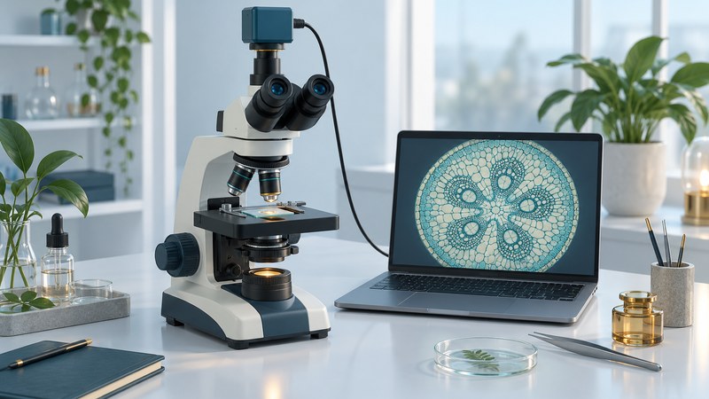 A camera mounted on a trinocular microscope connects to a laptop displaying a conceptual botanical image.