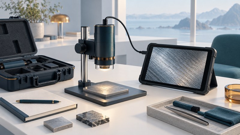 A supported portable digital microscope examines a metal sample beside a field tablet and carrying case.